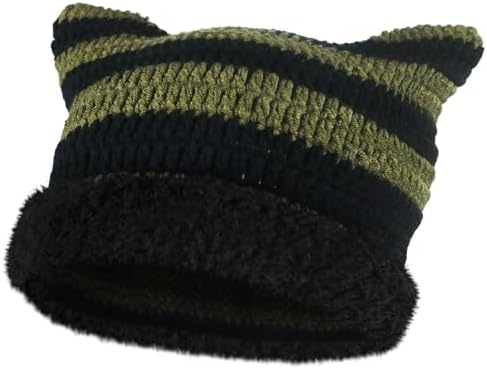Amazon.com: Fairy Grunge Cat Ear Beanie Y2K Punk Striped Crochet